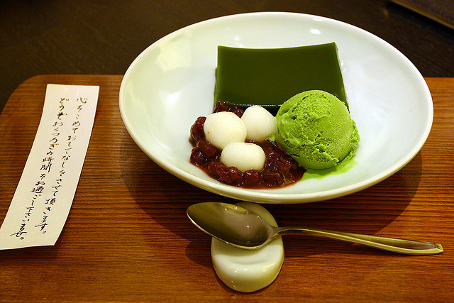 maccha jelly? by varf on Flickr.
“ i don’t remember what this dessert was called, but it consisted of green tea jelly, green tea ice cream, sweet red beans, and shiratama - the small chewy white dumplings made from rice flour.
”