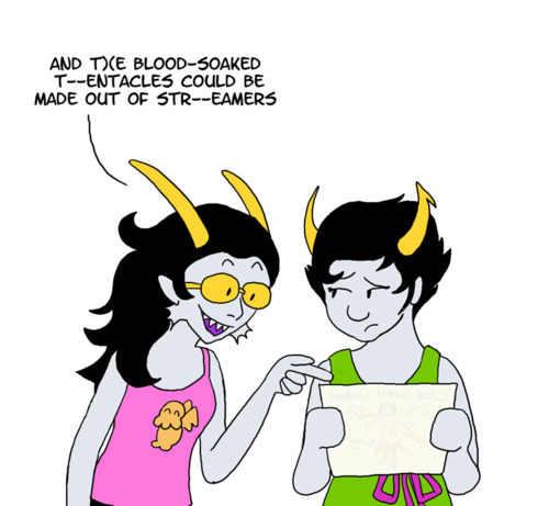 Kanaya holds Feferi's latest Color Guard costume design, looking dubious. Feferi says enthusiastically