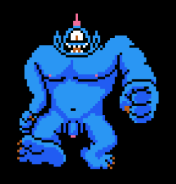 videogamesmademegay:  Gigantes from Dragon Warrior 2, via apebit. This is a modified sprite, right? There’s no giant blue dong in the actual game, I’m guessing…  Right-o! This was a quick late night collab with my boyfriend after a long conversation