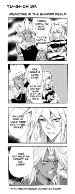 chocozcookie:  nightmaker:  Bakura and Mariks thoughts during the duel of Yami, Jaden and Yuusei in the 3D movie! I got my computer back! But a little too late, cause I have to work on some non Yugioh projects now and can’t colorize the other pics and