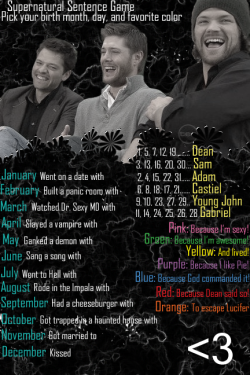 thepointisdolphins:  thedevilsinsideme:  Kissed Young John because I’m awesome.  Went to Hell with Young John because I like pie.   Went to Hell with Dean, because Dean said so. 