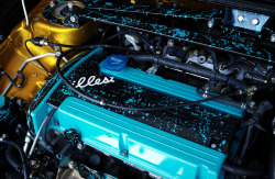 hardparking:   the-desirables:  My friend’s tiffany teal splattered engine bay. Losendo-r.tumblr.com Follow me :)  that engine bay is ill, i have an idea for mine but I don’t want to mention it just yet :) and I do on my main blog…everyone else