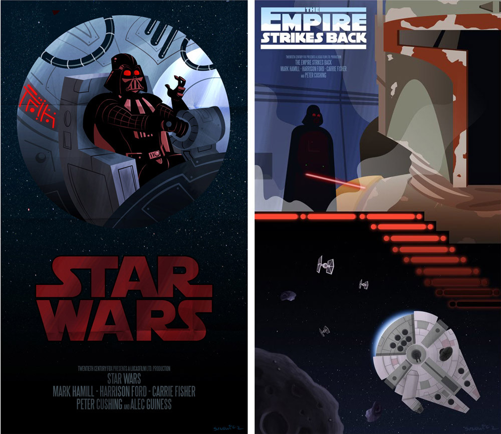 A New Hope and The Empire Strikes Back get a stylized Star Wars poster redesign by artist Matt Synowicz.
Related Rampages: Mario Mushroom | Stay Puft 2010 (More)
A New Hope / Empire by Matt Synowicz (Tumblr) (Facebook)