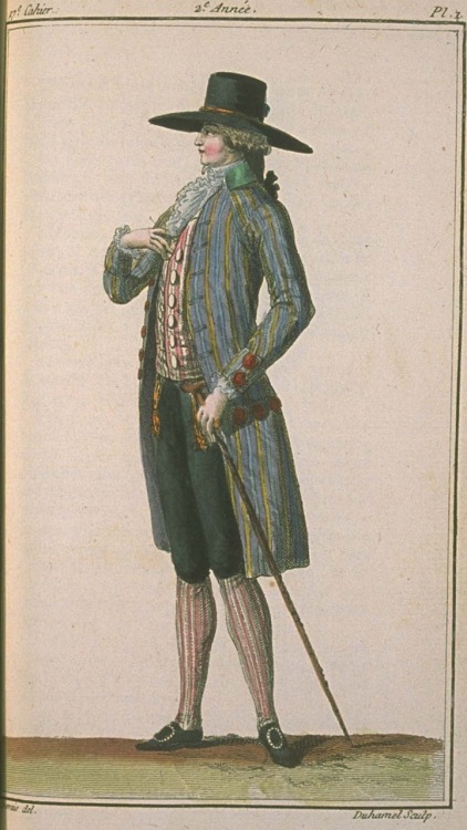 damesalamode:Magasin des Modes, April 1787. Oooooh!  Crazy stripes, big red buttons!  