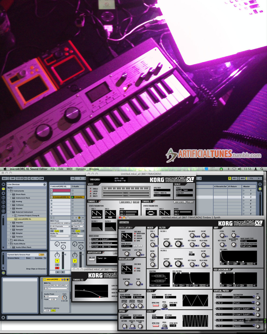 My MicroKorgXL set up in Ableton Live. Better sound editing than on the keyboard, yet Korg insists on making all control fonts micro as well. It does integrate with Live easily and the setup can be saved. I was using the mkXL’s vocoder with the...