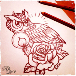 riklee:  Tattoo commission in progress… © Rik Lee Here’s a really rough pic of a really rough sketch i’m working on. This is the initial draft for a commission piece. I actually have a second owl and a few more elements to add to this design. So