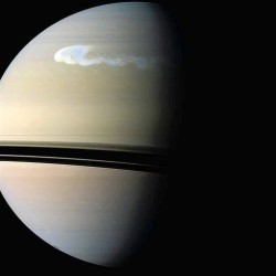 latimes:  Saturn’s Great White Spot, which occurs about once every 30 Earth years, is a windy, towering cloud of ammonia and water spewing out super jolts of thunder and lightning. The storm is about 10,000 times stronger than those on Earth. Photo