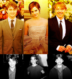 annelli0t:  Daniel Radcliffe, Emma Watson, Rupert Grint» Philosopher’s/Sorcerer’s Stone Premiere (2001) + Deathly Hallows Part 2 Premiere (2011)  I don&rsquo;t really care for the Harry Potter movies (love the books, just wasn&rsquo;t really into