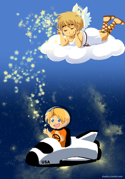 shadzu:  Click for full-view!Another picture for the USUK summer camp thing :D This was a lot of fun to do!   Oh gosh what a wonderful picture *A* Very clever too, I love how Arthur is making the stars for Alfred to see <3