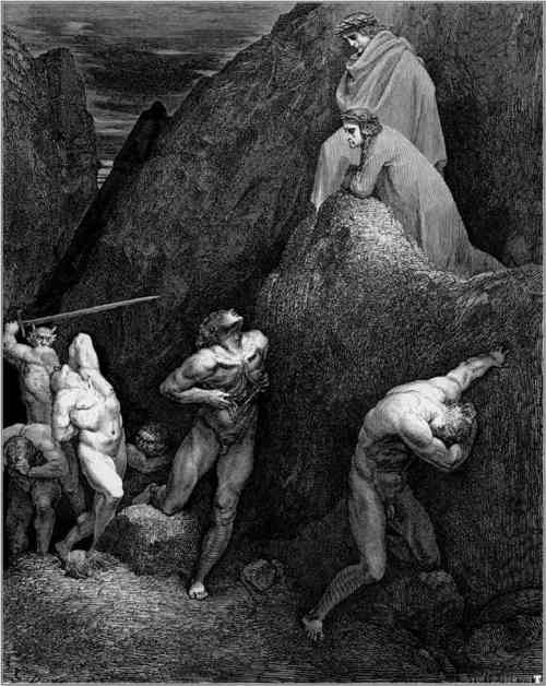 currentinspiration:  Inferno XXVIII, 19-42. The poets are in the ninth chasm of the eighth circle, that of the Sowers of Discord, whose punishment is to be mutilated. Mahomet shows his entrails to Dante and Virgil while on the left stands his son