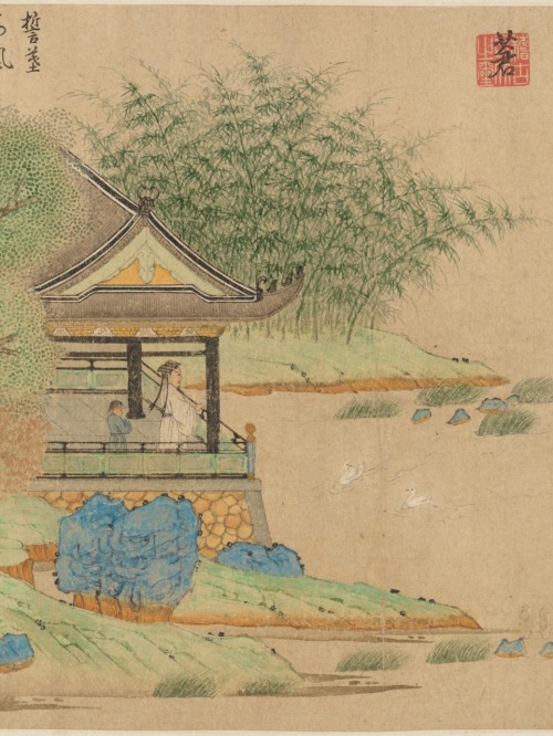 disturbthebookmites:Wang Xizhi Watching Geese, ca. 1295, China, handscroll; ink, color, gold on pa