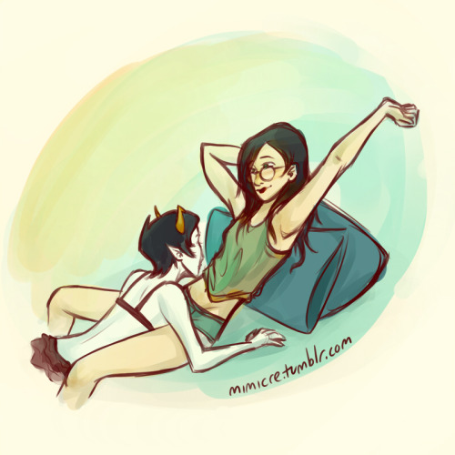 mimicre:[image: Jade is leaning back on some pillows, stretching, while Kanaya is settled between he