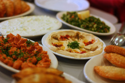 fantasticedibles:Hummus (center) with Kibbe, Sambusak and Tabbouleh.