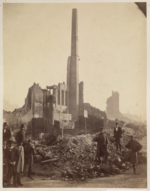 tuesday-johnson:ca. 1872, [Corner of Milk and Federal Streets after the Great Fire of 1872 in Boston