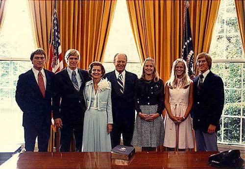 The Ford Family in the Oval Office prior to the swearing-in of Gerald R. Ford as President. August 9, 1974. (left to right) Jack, Steve, Betty, Gerald, Susan, Gayle, and Mike.