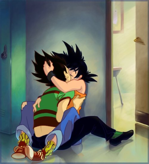 pinkie-pi:  Is this high school AU Goku/Vegeta making out in a hallway?  Because, uh, DO WANT.  #they’re the brittany and santana of the anime world  OMG I SEE IT.  CAN THERE BE FIC OF THIS? Also, Goku’s fucking socks.