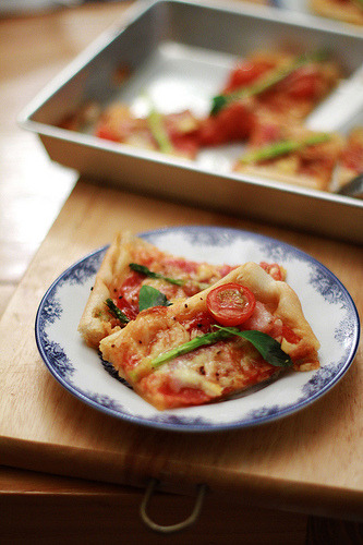 Salami, Bacon, Cheeses, Asparagus &amp; Cherry Tomato Pizza (by Mochachocolata-Rita)