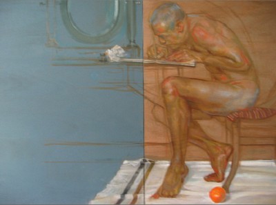 99elephants:  Hannah Craig: Nude Writing, Oil on Wood 