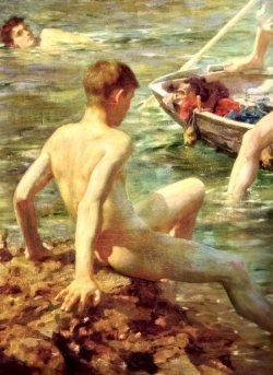 lesfilsducalamus: Detail from Ruby, Gold and Malachite by Henry Scott Tuke, the model is Charlie Mitchell (1885 – 1957). Mitchell was Tuke’s chief boatman and a regular model for many years. 1901, Guildhall Art Gallery, London. Note how perfectly