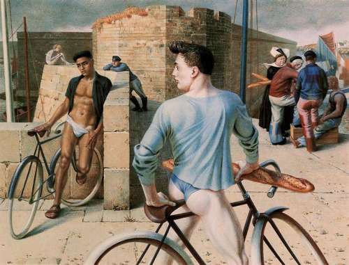 Paul Cadmus. Finistère, 1952. Oil on canvas. I love the guy with the patched pants and his hands in 