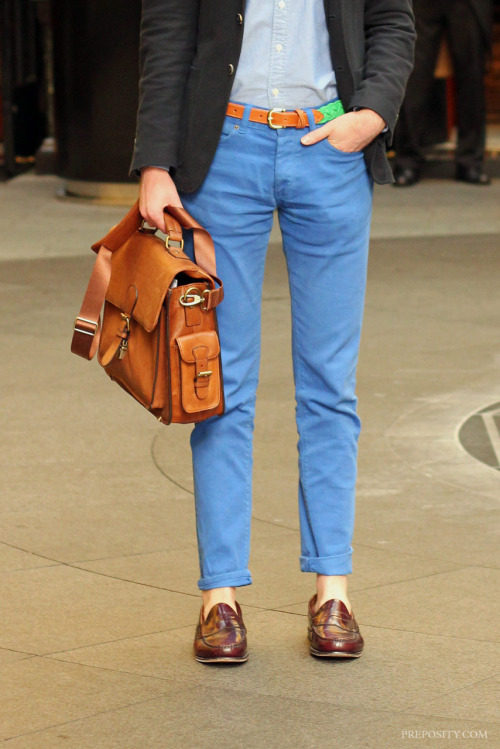   Blue on blue on blue – w/ green Kiel James Patrick belt, Bass Weejuns  very formal bag boy 