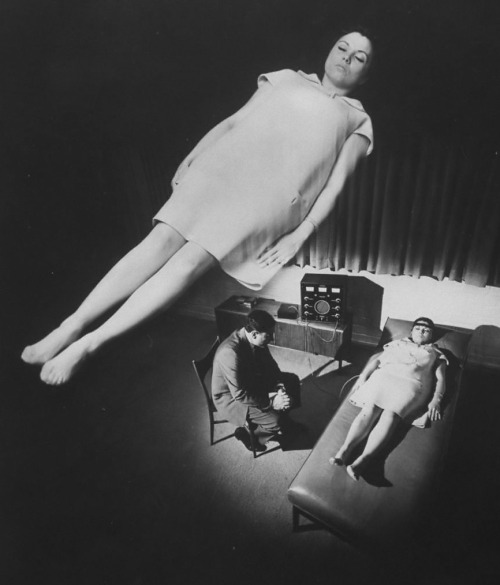 pjmix:  Composite photo of patient in deep hypnotic trance, appearance of floating in space, observing Dr. Bernard C. Gindes. (via LIFE) 