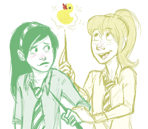 tacosrebellion:  “See San, charms really aren’t so hard once you get the hang of it!”  I then I doodled first year hp!Brittana fluff.  