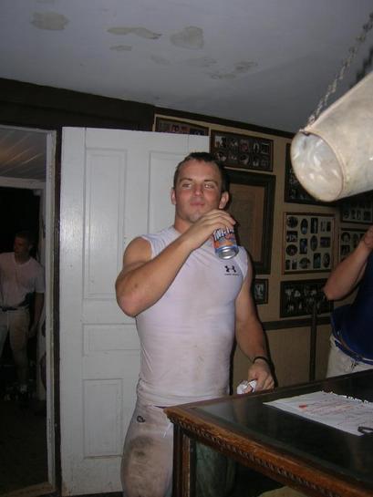 Put on his dirty uniform to drink?