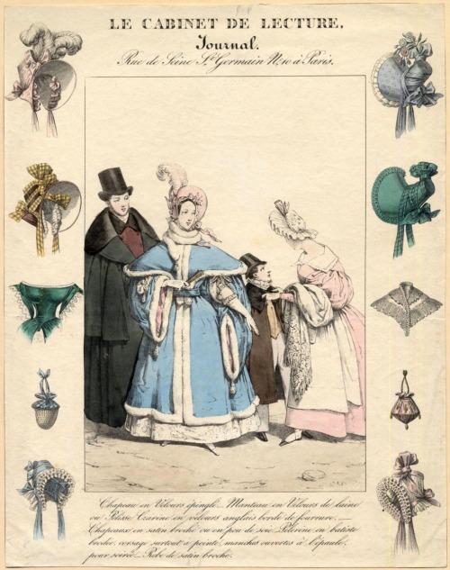 French Fashions and Hats, 1830. Hats and Hats! But look at the gorgeous pale blue opera coat lined w