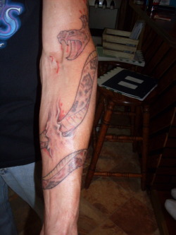 fuckyeahtattoos:  Okay, this isn’t my tattoo, it’s my dad’s. But I wanted it on here regardless. It’s an Arizona Diamondback rattlesnake. He got the idea for it when he beheaded a rattlesnake in Arizona on vacation. He always has a few veins pop