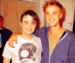 whompingwilllow-blog: Tom Felton: When we have close scenes together I don’t like to look into Daniel’s eyes directly because he might crack me up with a look or something! Daniel Radcliffe: I don’t do it on purpose!  