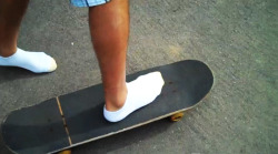 White socks on a skateboard….