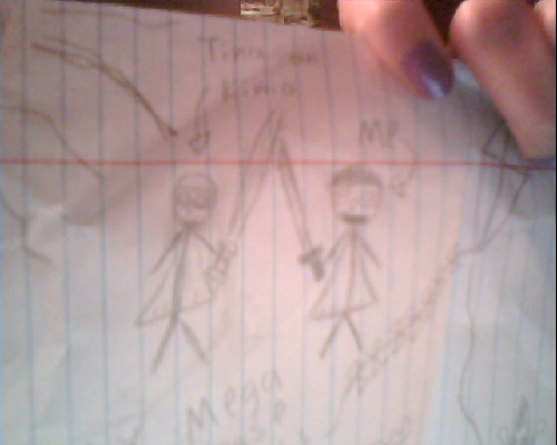 humperfickle:  Anyone know wahzoo? this is us sword fighting and i’m on “kimo” I drew your sword WAY more badass! Your’s is like a light saber or some shit! 