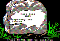 grawly:  did you know this is an infamous scene among oregon trail players when you die in oregon trail you can write something on your tombstone and the game will save it, so when you cross paths with it on another playthrough a screen like this pops