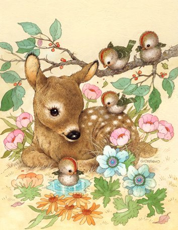 pretty vintage painting of a fawn surrounded by birds and flowers