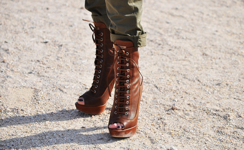 Brown lace up peep-toe mid ankle booties