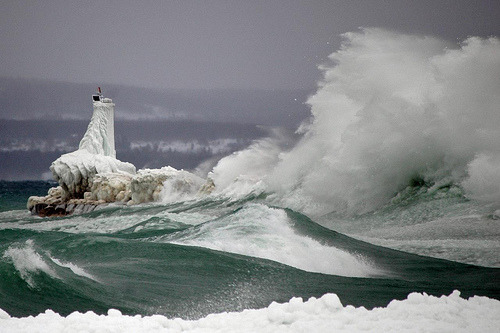 Huge Wave Crashes on the Petoskey Breakwater, Lake Michigan, Michigan©  snapstill studio