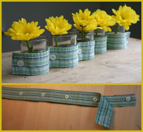 DIY Button-Down Vase. Cute idea, can arrange them anyway you want, good centerpiece. Tutorial at Fam