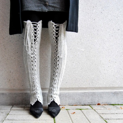 Etsy Crocheted Thigh High Lace Up Leg Warmers in Light Gray from Sannica’s store here.