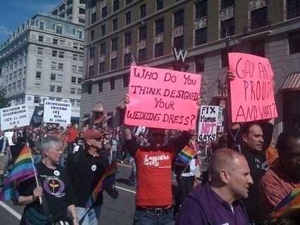 gmhmlia:  redlockz:   Gay rights activists: known universally for their awesome signs  Some people just win at life.  That’s right. You wish you thought of that. 
