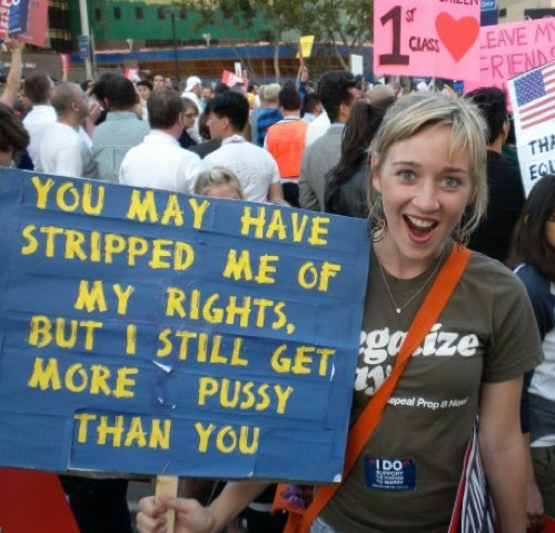 gmhmlia:  redlockz:   Gay rights activists: known universally for their awesome signs  Some people just win at life.  That’s right. You wish you thought of that. 