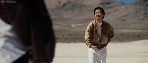 Ken Jeong, actor from the stupidest country on Earth, mimics ejaculation whilst clothed in the desert.