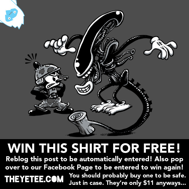 The Alien species takes a trip back to the 1920s in this humorous cartoon / film mash up by Billy Allison. On sale at The Yetee ($11) until August 7th.
Winners of the free shirt will be announced Aug 7th on their Facebook page.
Related Rampage: Hike...