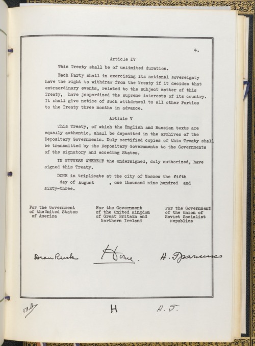 Treaty Banning Nuclear Weapon Tests in the Atmosphere, in Outer Space and Under Water Between the United States, Great Britain, and the Soviet Union, 08/05/1963
On August 5, 1963, the Limited Test Ban Treaty was signed by the United States, Great...