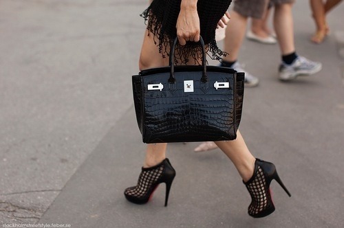 Caged Christian Louboutin high heels with black snake skin Birkin Bag