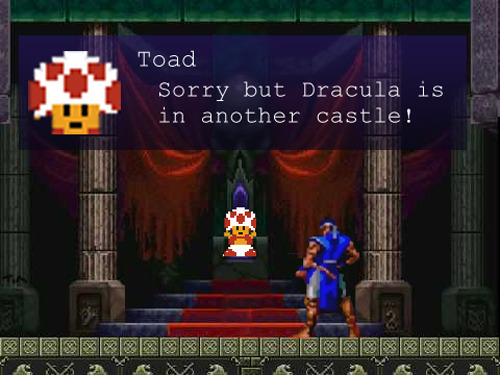 Toad grew bored with pushing Mario around so he ventured into another gaming realm for fresh blood! Castle hopping Castlevania style thanks to Tim Letendre!
Another Castle by Tim Letendre Jr / ferret522