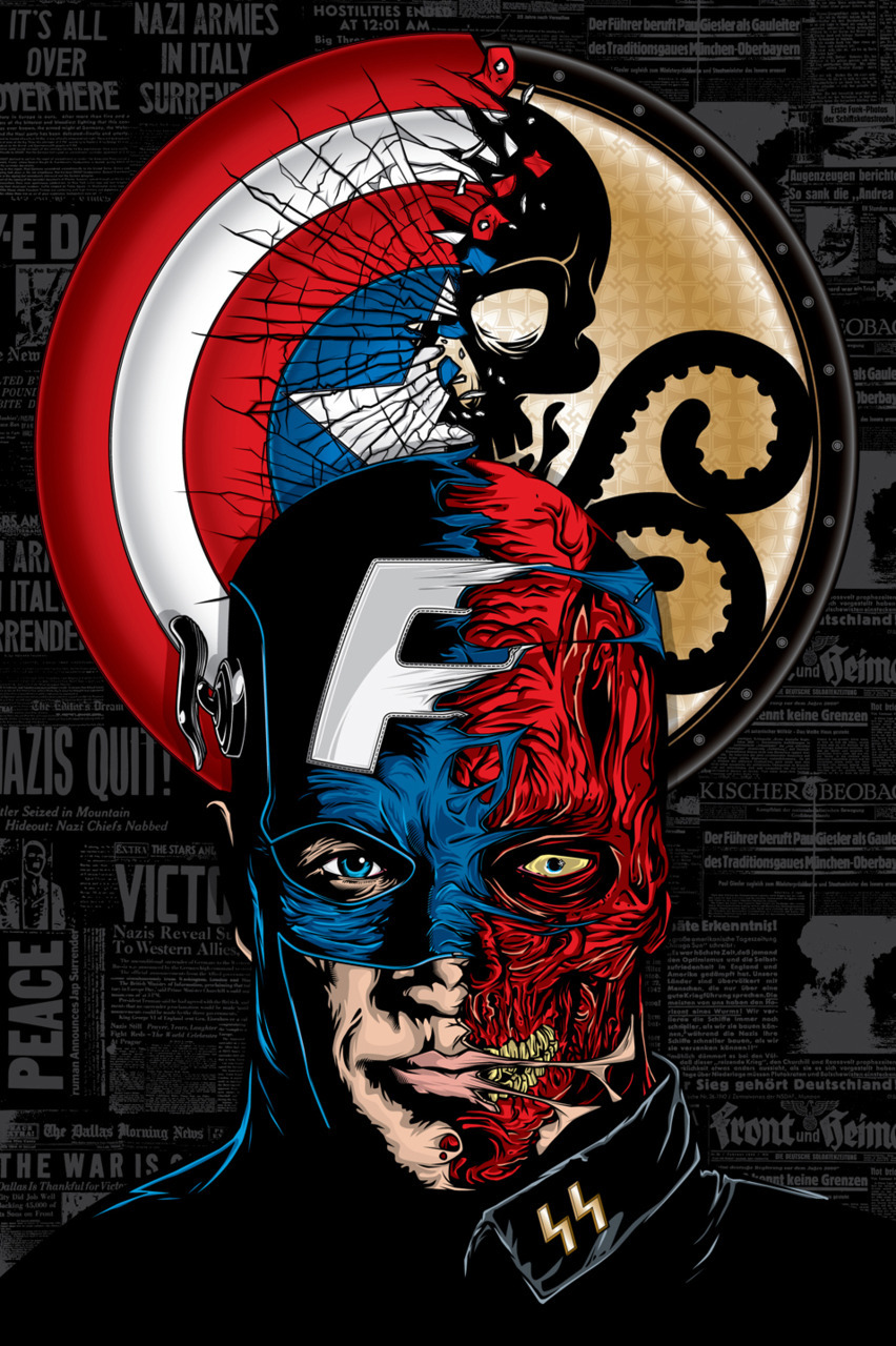 Captain America and Red Skull share the same canvas thanks to artist Anthony Petrie. You can get 18" x 24" digital prints at his online store for $10.
You can also follow Anthony and his work on Tumblr.
Cap V. Red Skull by Anthony Petrie (Tumblr)...