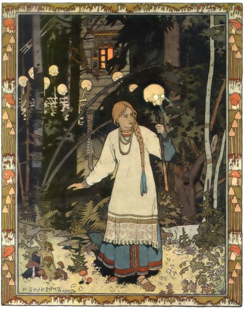 oraleia:c86:Ivan Bilibin - Vasilisa, 1899{ wonderful mushroom border, skull lantern and chicken foot