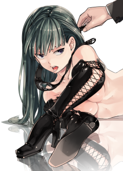 Yatsuhashi:  Gelbooru- Bare Shoulders Black Hair Boots Breasts Cleavage Cross-Laced