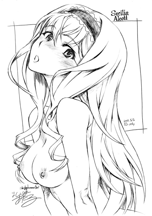 yatsuhashi:  Gelbooru- blush breasts cecilia alcott dated drill hair hairband infinite stratos long hair monochrome nipples nude open mouth signature text twin drills typo yoshijima ataru | 1235843 